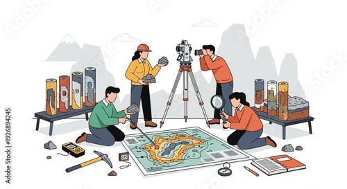 Surveyors Working Together on a Map with Equipment.