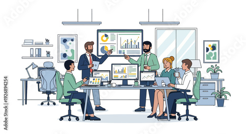 Team members collaborating on a business presentation in the office.