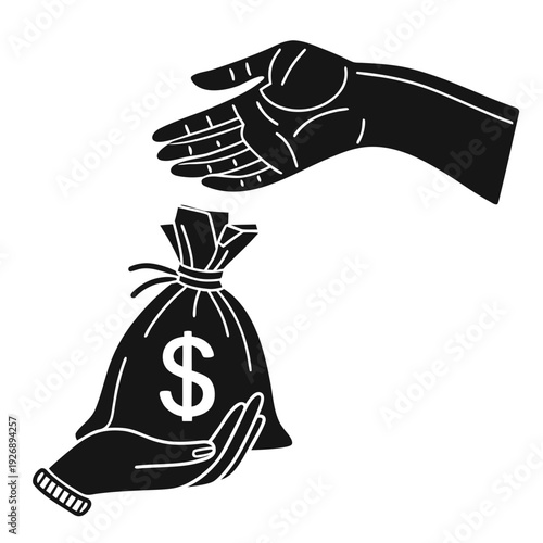 A hand giving a money bag to another hand Vector