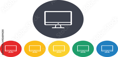 Computer Monitor Icon Set in Colorful Circle Buttons with Modern Desktop Screen Symbols for Technology, Web Design, Apps, UI Interfaces, and Digital Devices