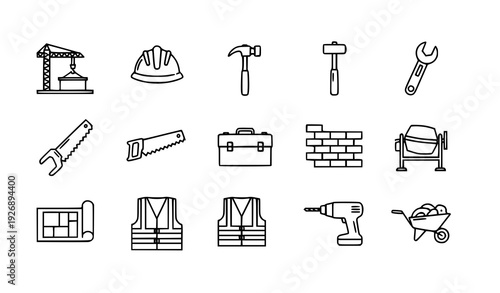 Minimalist construction line icon set with tools, machinery, and safety elements for web and app design