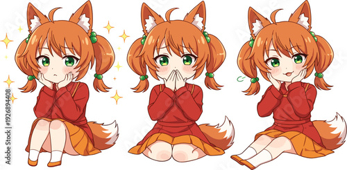 Cute Anime Fox Girl Character Set with Different Facial Expressions in Kawaii Manga Style for Mascot Design and Chibi Vector Illustration Collection