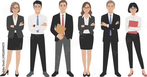 Diverse professional business team standing together, corporate employees group, successful office workers character set vector illustration