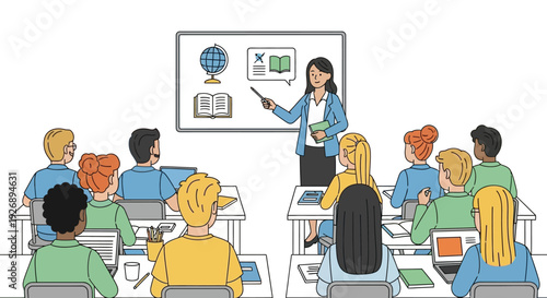 Teacher instructing students in a classroom setting.