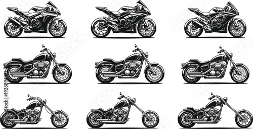 Motorcycle vector illustration set, sport bike cruiser chopper collection, black and white line art, custom motorbike design isolated bundle