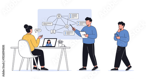 Team collaborating on project strategy with flowchart.