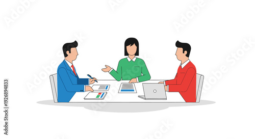 Three business people collaborating at a meeting table.