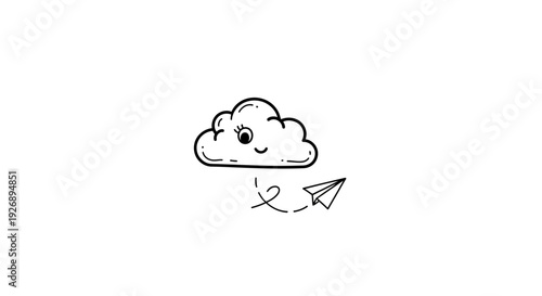 Simple black and white line drawing of a smiling cloud with a paper airplane.
