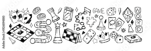 Board games doodle chalk vector set. Hand drawn crayon sketch icons of cards, poker chips, dice, pawns, crossword puzzle. Checkers, domino or gambling grunge symbols. Family home entertainment concept
