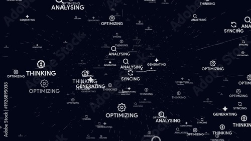 Flying through a space tunnel of artificial intelligence process words and icons. 3D animation of ai agent, machine learning, data analyzing, thinking, generating and optimizing concepts.