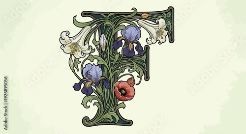 Ornate floral alphabet letter F with blooming flowers.