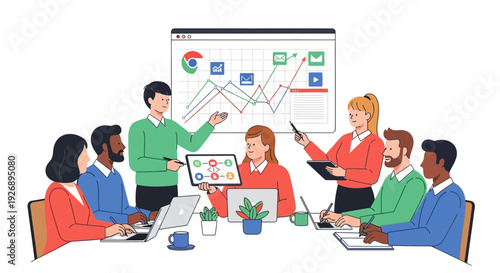 Team members discussing business strategy and data analysis during a meeting.