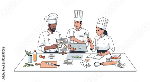 Three chefs in uniform learning and teaching culinary arts at a table.