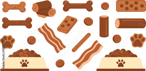 Dog Food and Treats Collection Featuring Bones, Biscuits, Bacon, Kibble Bowls and Paw Prints for Pet Nutrition and Veterinary Vector Illustration Set