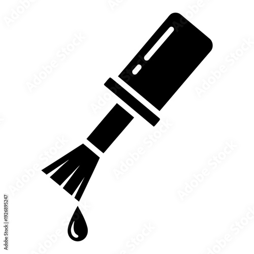 Nail polish brush icon with a falling drop for manicure and beauty salon design, black silhouette vector illustration