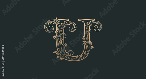 Ornate Golden Letter U with Floral Decorations on Dark Background.