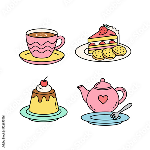 Elegant afternoon tea time elements collection with pink teapot, teacup, strawberry shortcake, caramel pudding and cookies on plates set