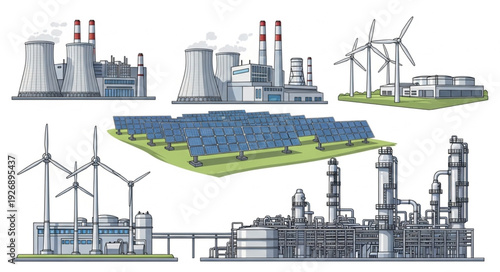 Diverse energy production facilities showcasing renewable and traditional power generation methods.