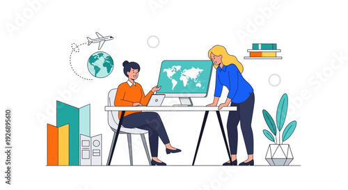 Two women collaborating at a desk with a world map on screen.