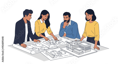 Architects collaborating on building plans and models.