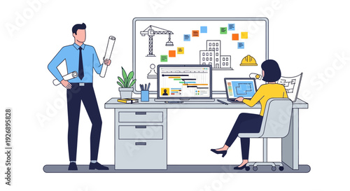 Architects collaborating on construction project plans at desk.