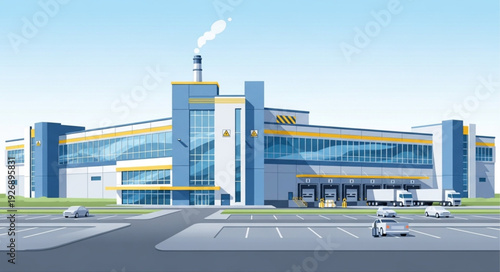 Modern industrial building with a tall chimney and multiple levels for operations.
