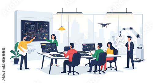 Team collaborating on technology project in modern office.