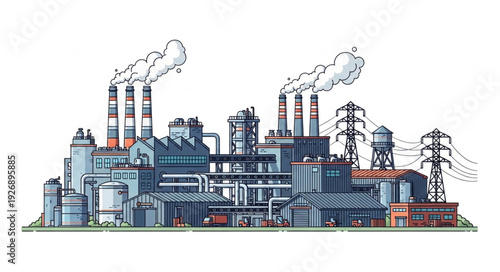 Detailed illustration of a large industrial factory complex with smokestacks.
