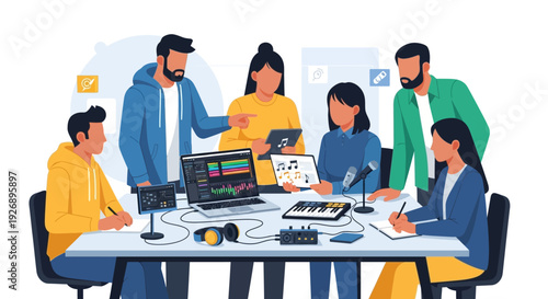 Team of diverse people collaborating on a creative project together.