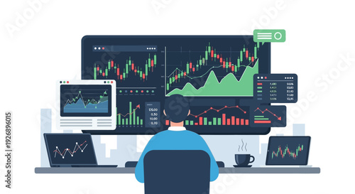 Trader analyzing stock market charts on multiple computer screens.
