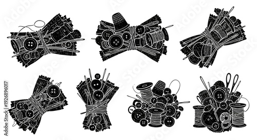 Bundles of sewing buttons and needles on white background craft supplies for tailoring and repair