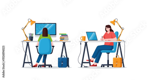 Two women working at desks with computers and lamps.