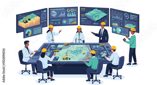 Team of engineers collaborating around a futuristic interactive table.