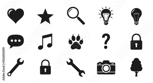 Collection of black icons on white background including heart star lock and tools