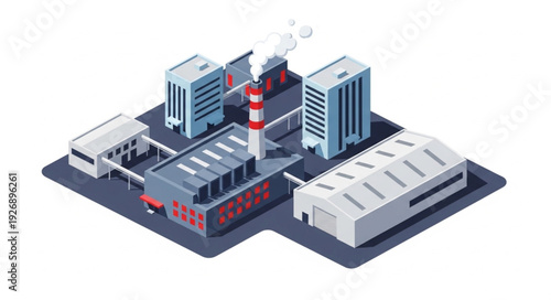 Isometric illustration of an industrial complex with multiple buildings and a smokestack.