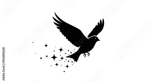 Black bird silhouette flying with sparkles freedom and magic concept whimsical design element