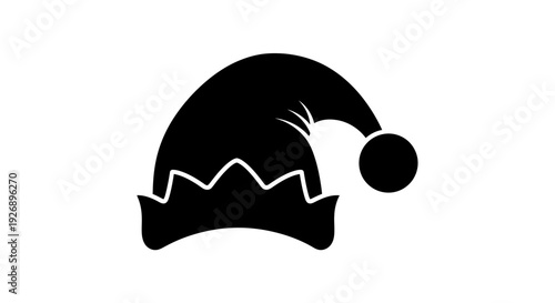 Black elf hat silhouette with white trim and pom pom on white background festive christmas symbol