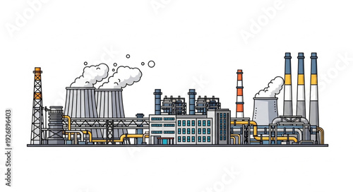 Industrial complex illustration depicting factories and manufacturing plants with smoke emissions.