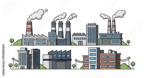 Industrial cityscape with factories emitting smoke, representing pollution and environmental concerns.
