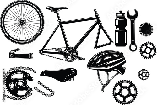 Bicycle parts and tools vector illustration set, bike frame wheel helmet chain gear maintenance repair equipment cycling design isolated artwork