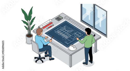 Two architects collaborating on a blueprint at a large drafting table.