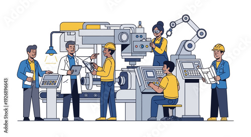 Team of Engineers Working on Advanced Manufacturing Machinery.