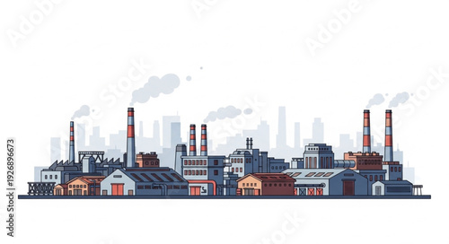 Industrial complex with factories and chimneys emitting smoke into the atmosphere, polluting the environment.