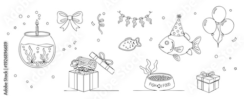 Fish birthday party line art elements collection