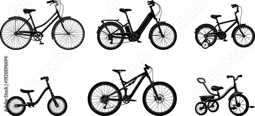 Bicycle silhouette icon set vector, city bike electric bike kids bike balance bike and tricycle black transport illustration collection design