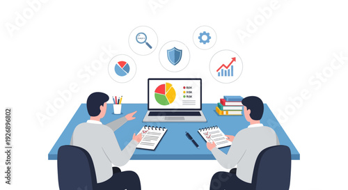 Two businessmen collaborating at a desk with laptop and charts.