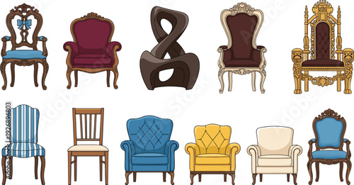 Classic vintage chairs and luxury armchairs collection vector illustration antique furniture set isolated decorative seating design elegant interior elements