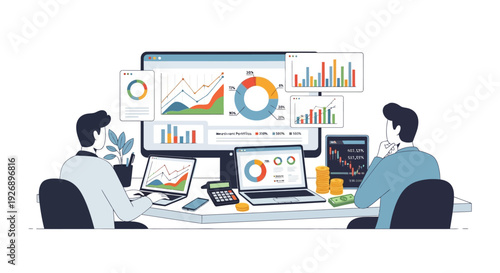 Two businessmen analyzing financial data on multiple screens.
