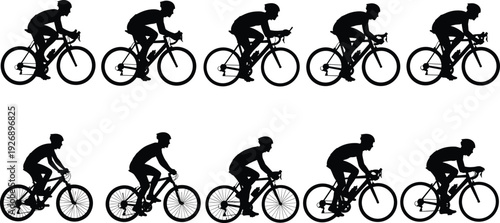 Cyclist silhouette vector set, road bike rider collection, cycling sport action poses, black silhouette athletes isolated transportation illustration design bundle