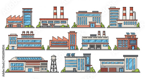 Various industrial buildings and factories with different architectural designs and structures.